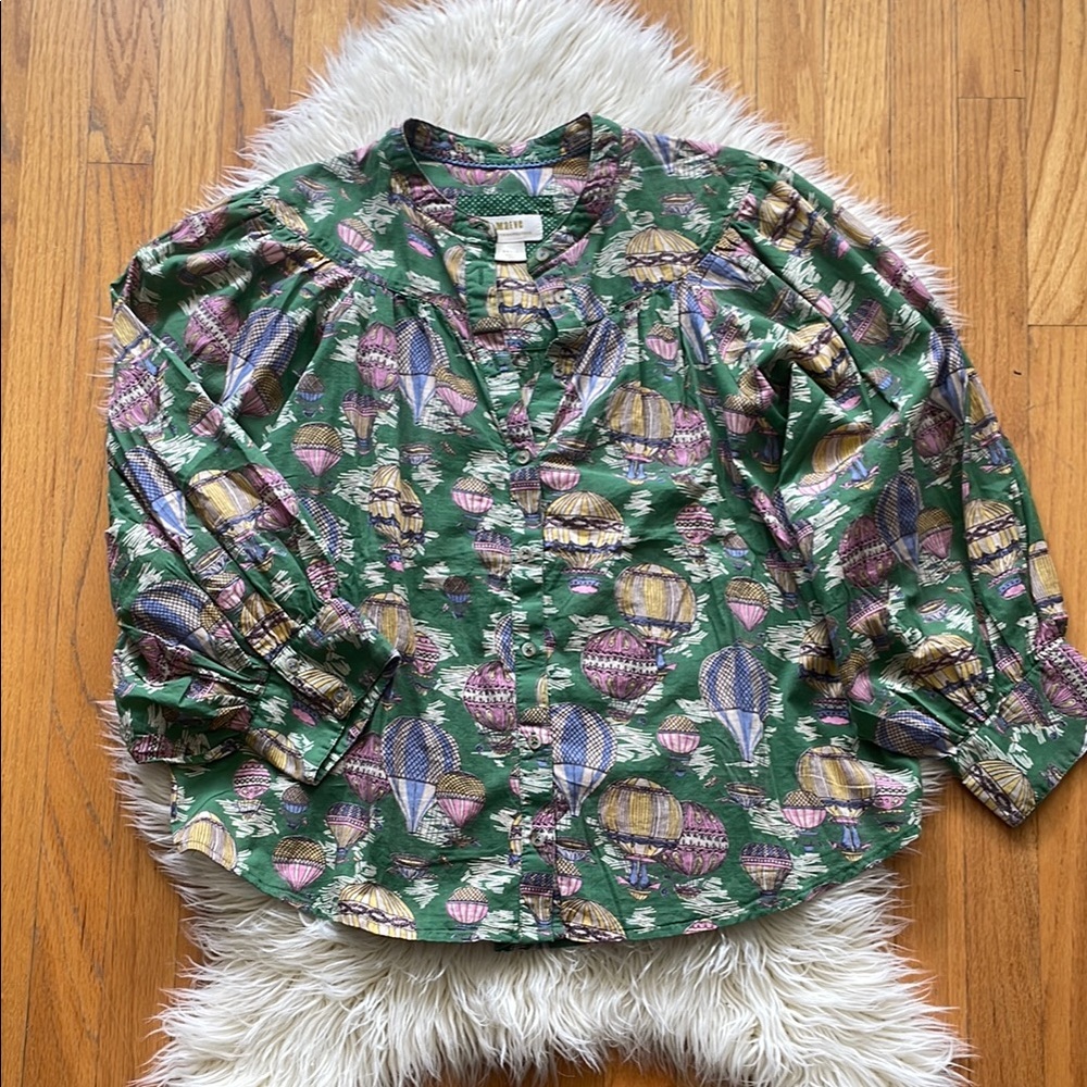 Anthropologie Green Buttoned Blouse with Mandarin Collar